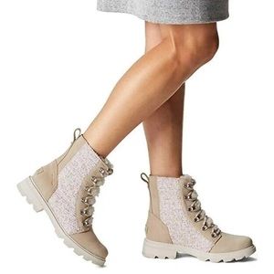 Sorel Lennox Lace Cozy Waterproof Boot Ancient Fossil Chalk